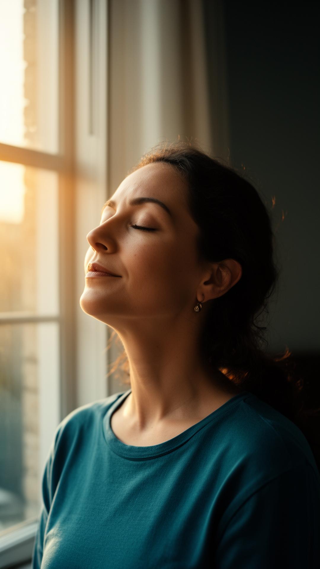 A parent breathing deeply, face turned toward soft window light