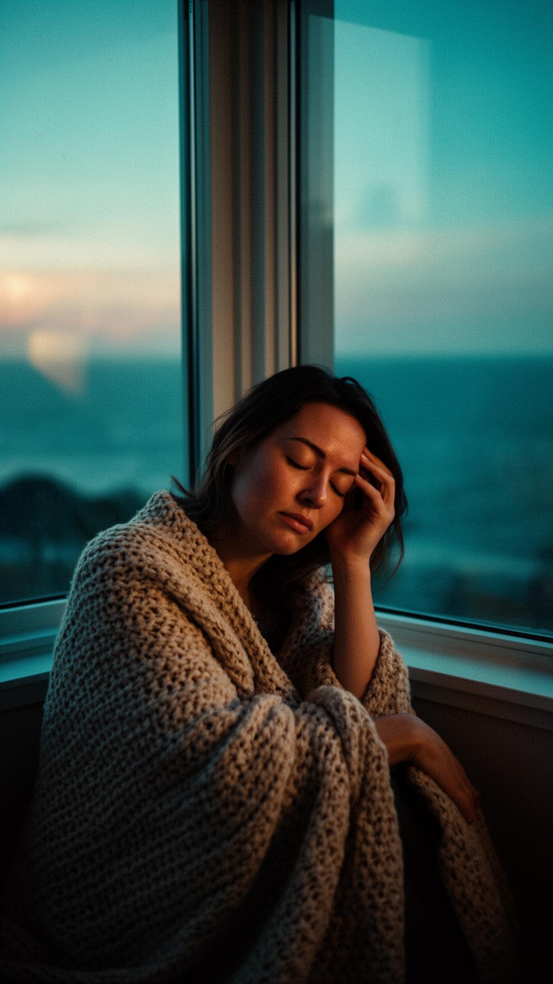 A parent sitting alone by a window, eyes closed, holding the weight of the day
